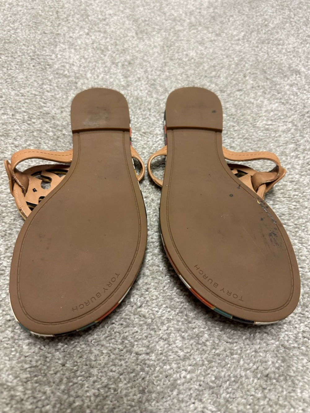 Tory Burch Miller tan Thong Sandals with Multicolor Trim and Logo Medallions - Picture 2 of 5